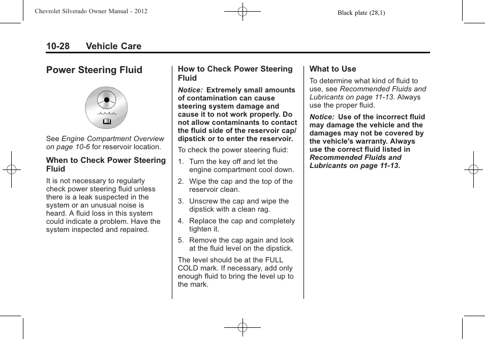 Power steering fluid, Power steering fluid -28, Signal | 28 vehicle care | CHEVROLET 2012 Silverado User Manual | Page 452 / 608