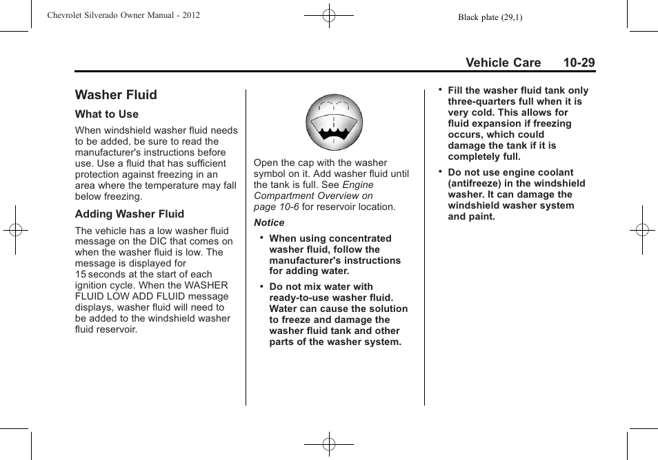 Washer fluid, Washer fluid -29, Vehicle care 10-29 | CHEVROLET 2012 Silverado User Manual | Page 453 / 608