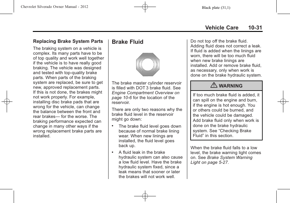 Brake fluid, Brake fluid -31 | CHEVROLET 2012 Silverado User Manual | Page 455 / 608