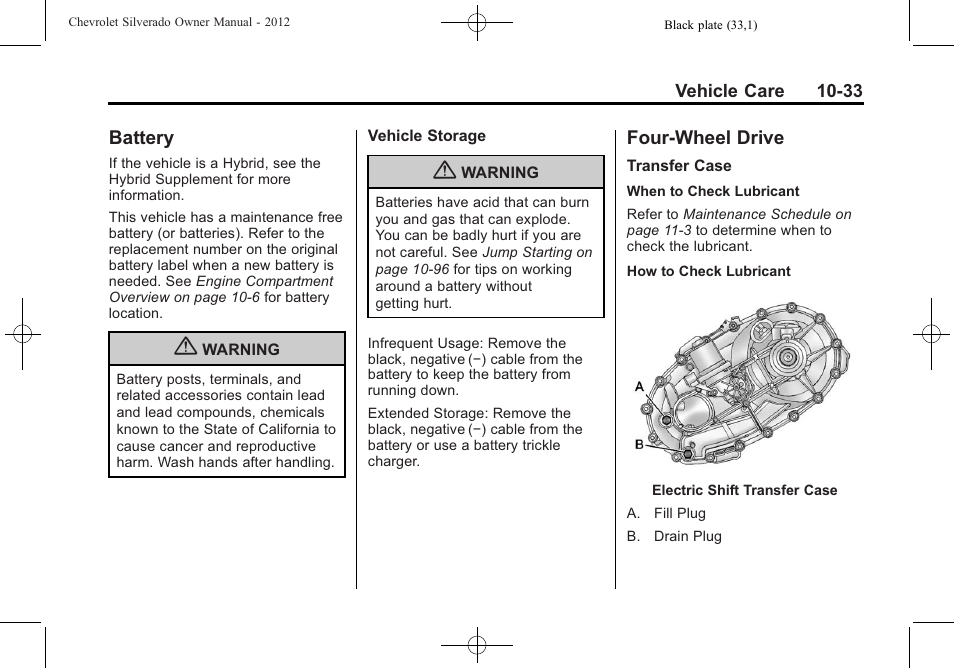 Battery, Four-wheel drive, Battery -33 four-wheel drive -33 | CHEVROLET 2012 Silverado User Manual | Page 457 / 608