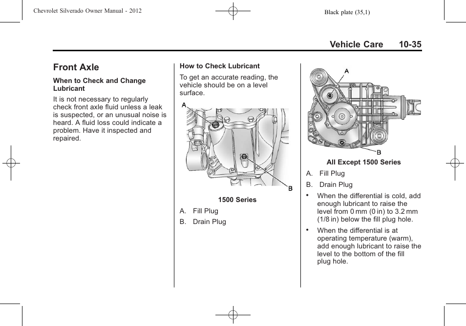 Front axle, Front axle -35, Vehicle care 10-35 | CHEVROLET 2012 Silverado User Manual | Page 459 / 608