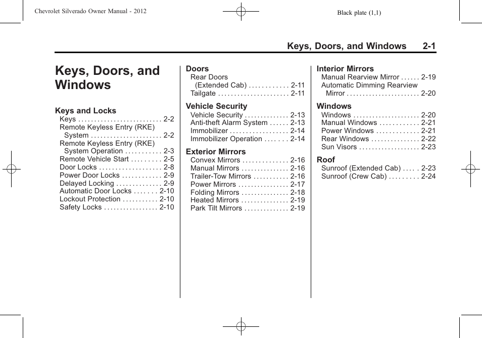 Keys, doors, and windows, Keys, doors, and, Windows -1 | CHEVROLET 2012 Silverado User Manual | Page 47 / 608