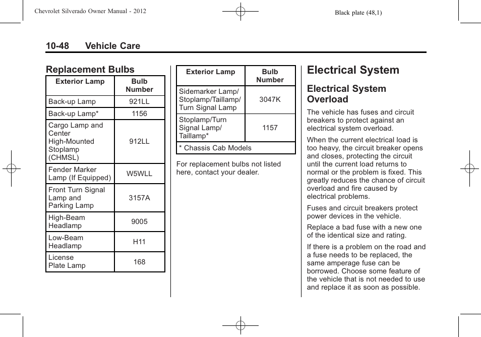 Replacement bulbs, Electrical system, Electrical system overload | Electrical system -48, Replacement bulbs -48, Overload -48 | CHEVROLET 2012 Silverado User Manual | Page 472 / 608