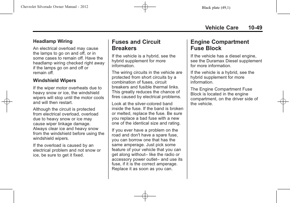 Fuses and circuit breakers, Engine compartment fuse block, Fuses and circuit | Breakers -49, Engine compartment fuse, Block -49 | CHEVROLET 2012 Silverado User Manual | Page 473 / 608