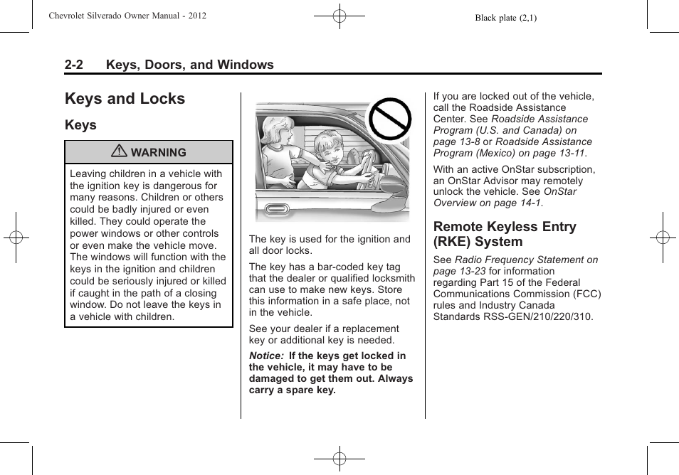 Keys and locks, Keys, Remote keyless entry (rke) system | Keys and locks -2, Vehicle personalization, Keys -2 remote keyless entry (rke), System -2 | CHEVROLET 2012 Silverado User Manual | Page 48 / 608