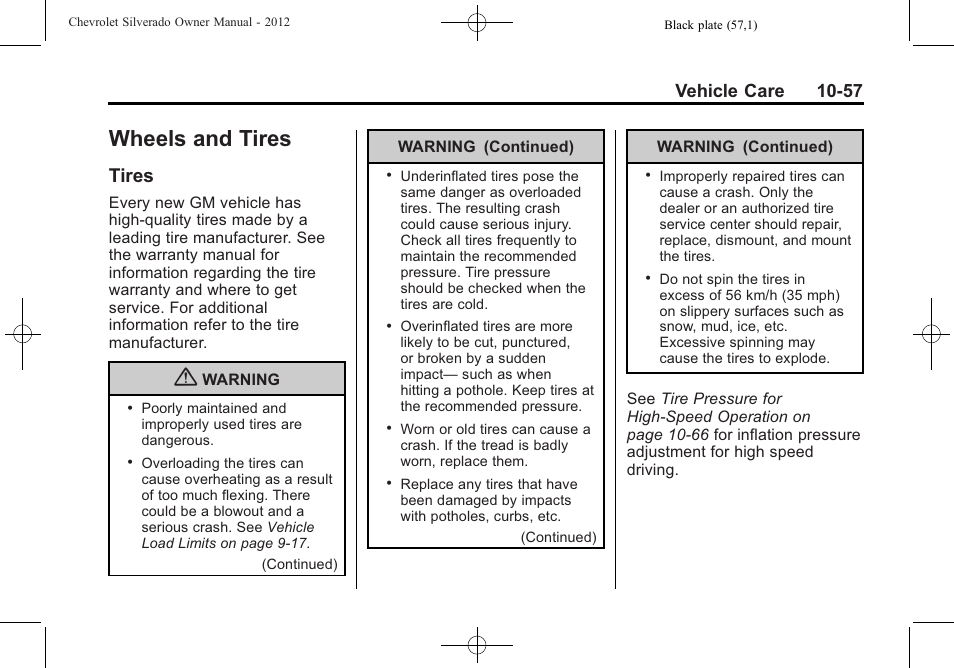 Wheels and tires, Tires, Wheels and tires -57 | Onstar -1, Tires -57, Vehicle care 10-57 | CHEVROLET 2012 Silverado User Manual | Page 481 / 608