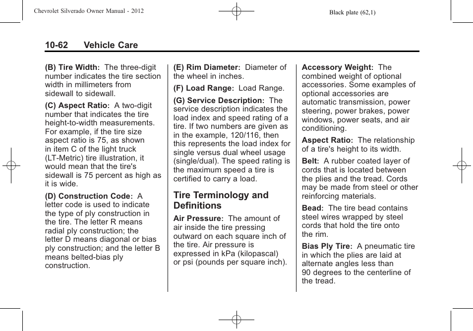 Tire terminology and definitions, Tire terminology and, Definitions -62 | CHEVROLET 2012 Silverado User Manual | Page 486 / 608