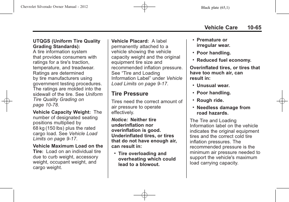 Tire pressure, Tire pressure -65, Vehicle care 10-65 | CHEVROLET 2012 Silverado User Manual | Page 489 / 608