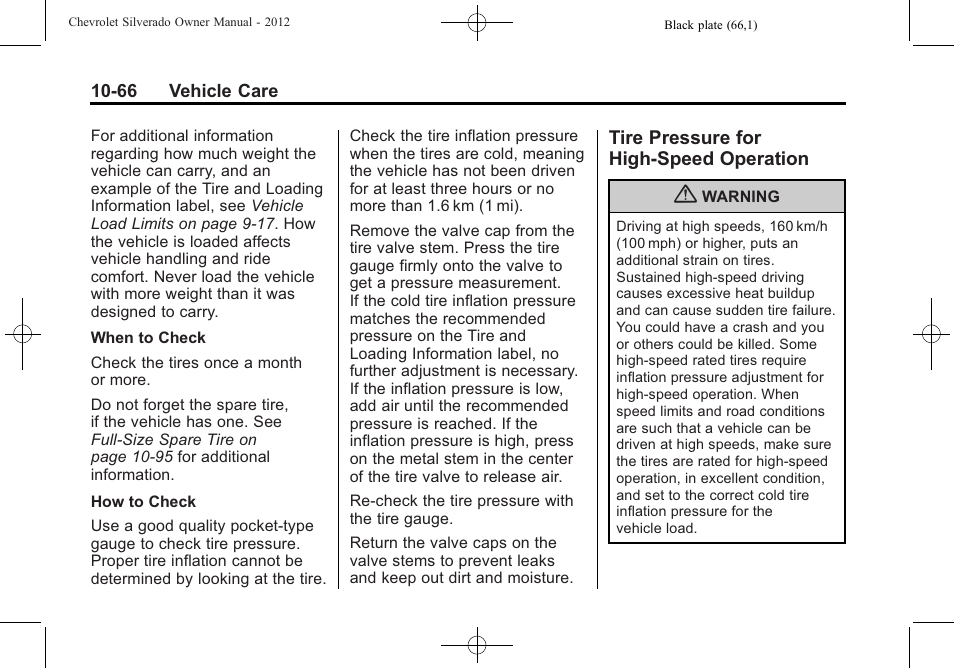 Tire pressure for high-speed operation, Tire pressure for high-speed, Operation -66 | CHEVROLET 2012 Silverado User Manual | Page 490 / 608