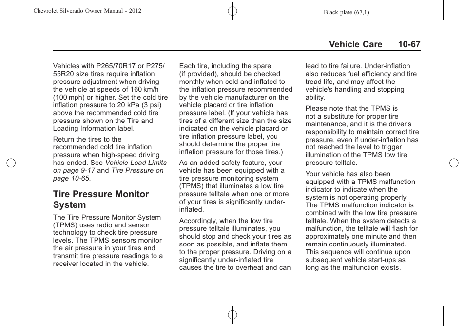 Tire pressure monitor system, Tire pressure monitor, System -67 | CHEVROLET 2012 Silverado User Manual | Page 491 / 608