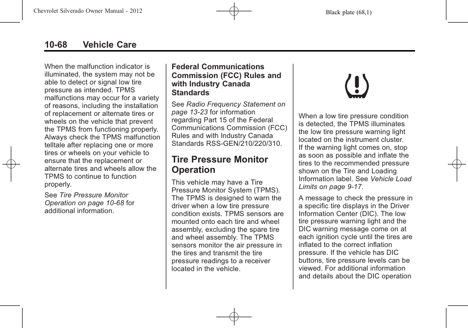 Tire pressure monitor operation, Tire pressure monitor, Operation -68 | Jump | CHEVROLET 2012 Silverado User Manual | Page 492 / 608