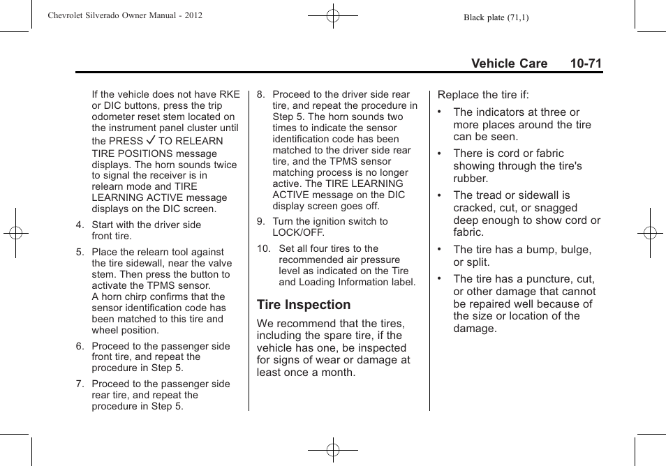 Tire inspection, Ire inspection -71, Vehicle care 10-71 | CHEVROLET 2012 Silverado User Manual | Page 495 / 608