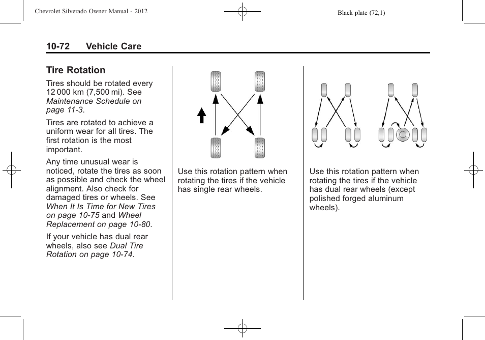 Tire rotation, Tire rotation -72 | CHEVROLET 2012 Silverado User Manual | Page 496 / 608