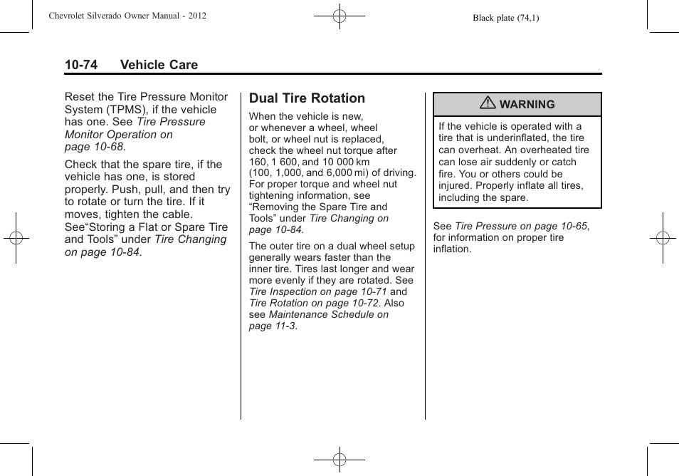 Dual tire rotation, Dual tire rotation -74 | CHEVROLET 2012 Silverado User Manual | Page 498 / 608