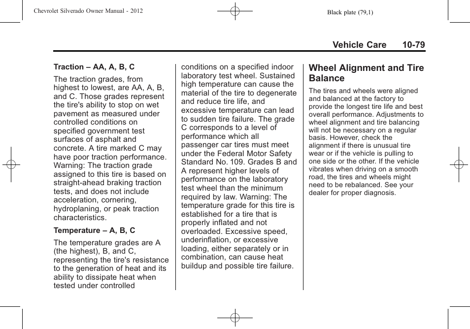 Wheel alignment and tire balance, Wheel alignment and tire, Balance -79 | CHEVROLET 2012 Silverado User Manual | Page 503 / 608