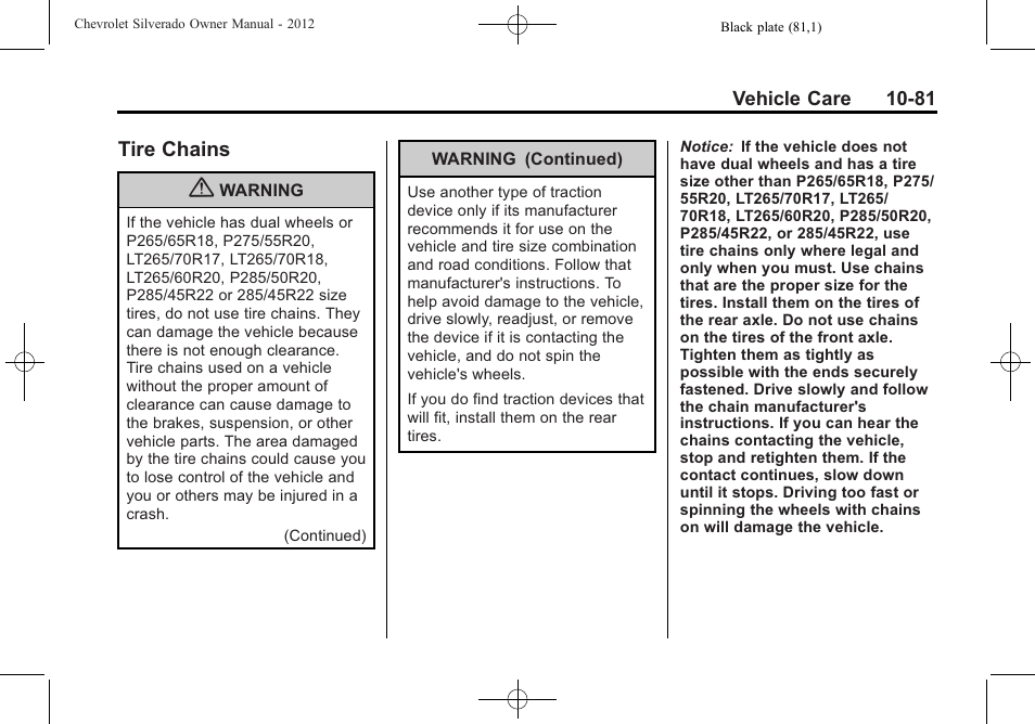 Tire chains, Tire chains -81 | CHEVROLET 2012 Silverado User Manual | Page 505 / 608