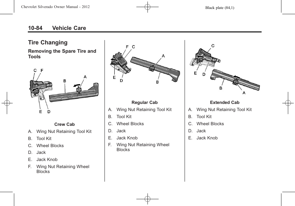 Tire changing, Tire changing -84, 84 vehicle care | CHEVROLET 2012 Silverado User Manual | Page 508 / 608