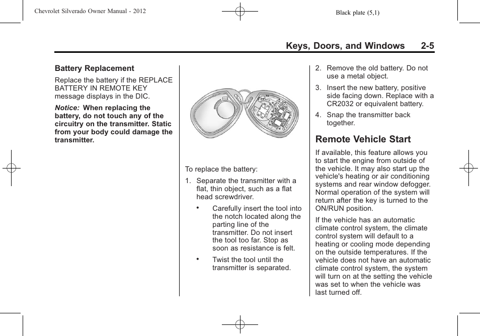 Remote vehicle start, Remote vehicle start -5, Keys, doors, and windows 2-5 | CHEVROLET 2012 Silverado User Manual | Page 51 / 608