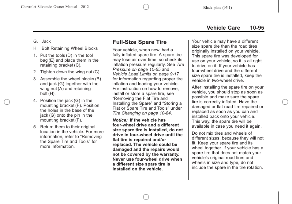 Full-size spare tire, Full-size spare tire -95, Vehicle care 10-95 | CHEVROLET 2012 Silverado User Manual | Page 519 / 608