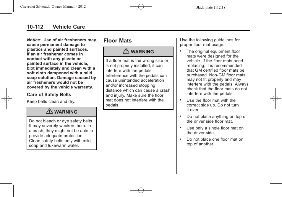 Floor mats, Floor mats -112, 112 vehicle care | CHEVROLET 2012 Silverado User Manual | Page 536 / 608