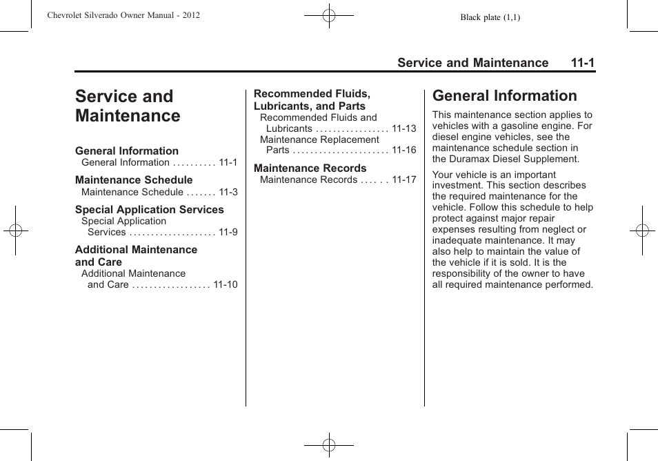 Service and maintenance, General information, Service and maintenance -1 | General information -1 | CHEVROLET 2012 Silverado User Manual | Page 537 / 608