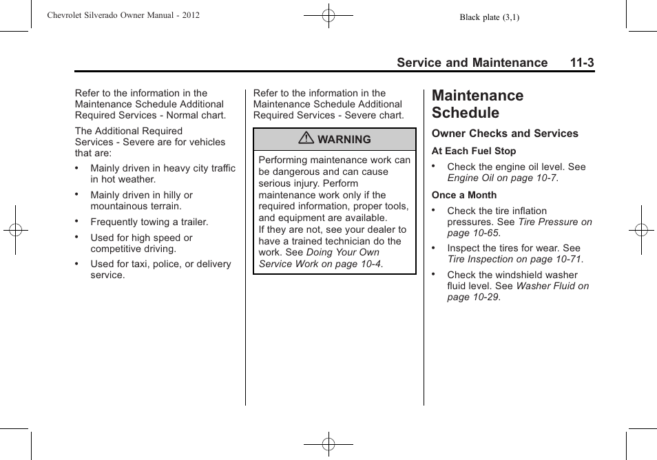 Maintenance schedule, Maintenance schedule -3, Service and maintenance 11-3 | CHEVROLET 2012 Silverado User Manual | Page 539 / 608