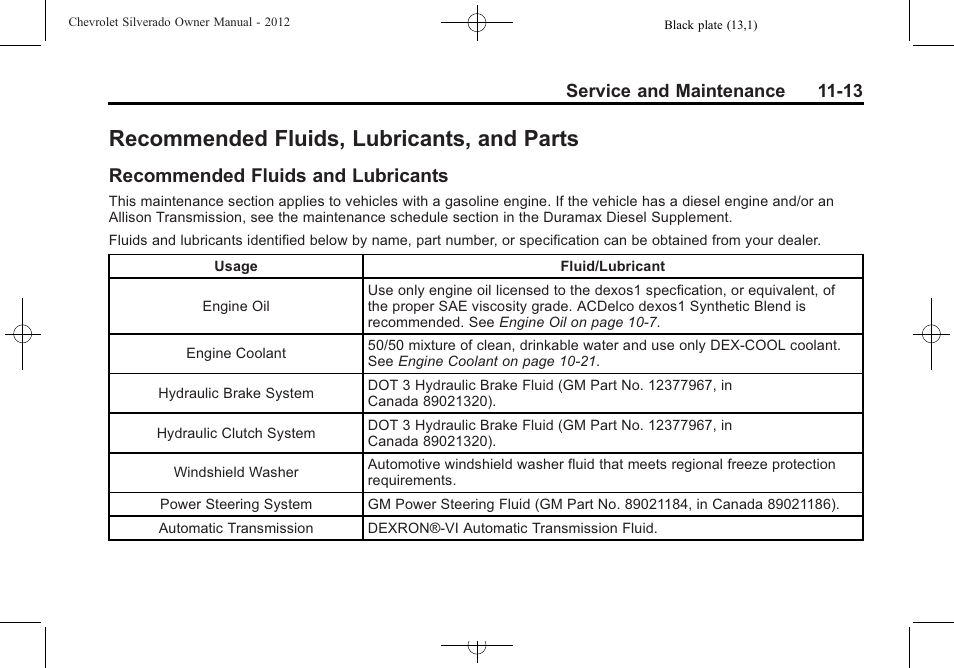 Recommended fluids, lubricants, and parts, Recommended fluids and lubricants, Recommended fluids | Lubricants, and parts -13, Recommended fluids and, Lubricants -13 | CHEVROLET 2012 Silverado User Manual | Page 549 / 608