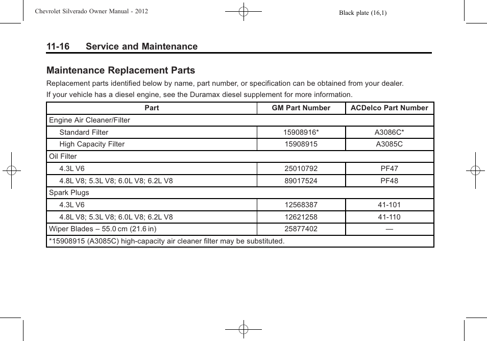 Maintenance replacement parts, Maintenance replacement, Parts -16 | 16 service and maintenance | CHEVROLET 2012 Silverado User Manual | Page 552 / 608