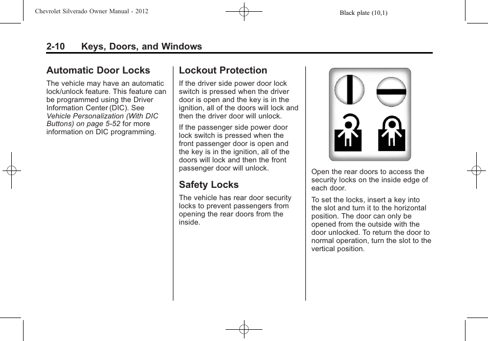 Automatic door locks, Lockout protection, Safety locks | CHEVROLET 2012 Silverado User Manual | Page 56 / 608