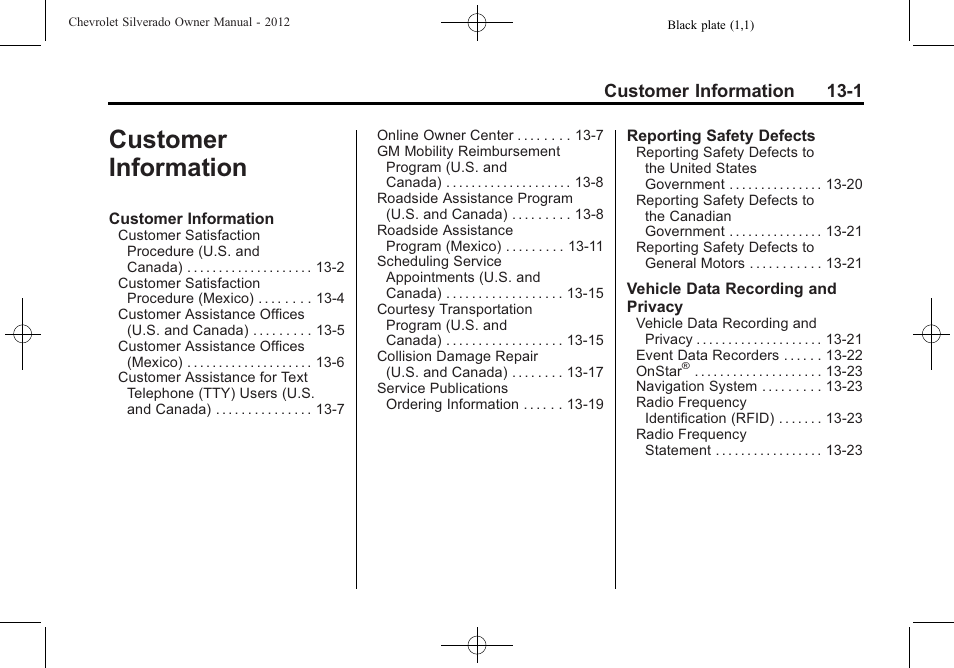 Customer information, Customer information -1, Customer information 13-1 | CHEVROLET 2012 Silverado User Manual | Page 563 / 608