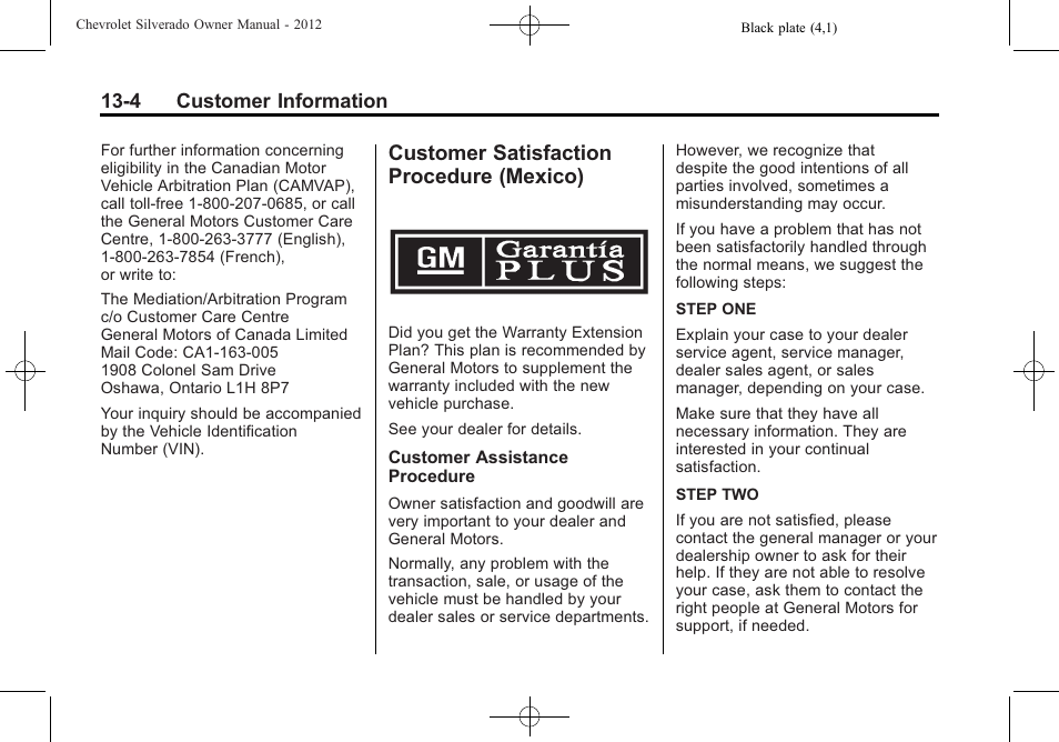 Customer satisfaction procedure (mexico), Customer satisfaction, Procedure (mexico) -4 | 4 customer information | CHEVROLET 2012 Silverado User Manual | Page 566 / 608