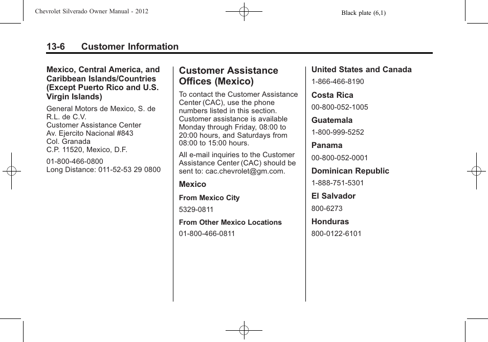 Customer assistance offices (mexico), Customer assistance offices, Mexico) -6 | Collision damage | CHEVROLET 2012 Silverado User Manual | Page 568 / 608