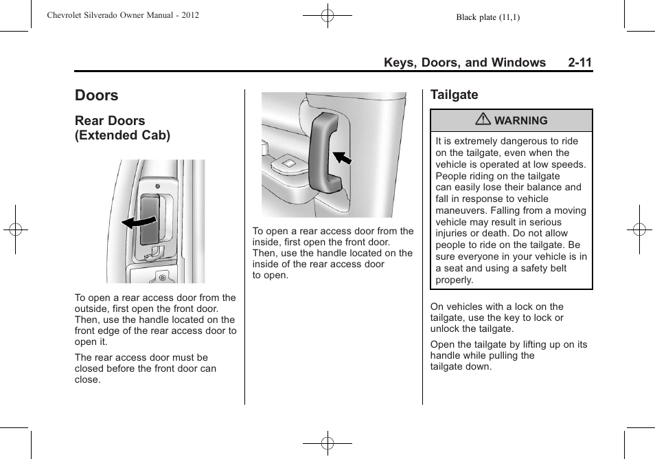 Doors, Rear doors (extended cab), Tailgate | Doors -11, Universal, Rear doors, Extended cab) -11, Tailgate -11 | CHEVROLET 2012 Silverado User Manual | Page 57 / 608