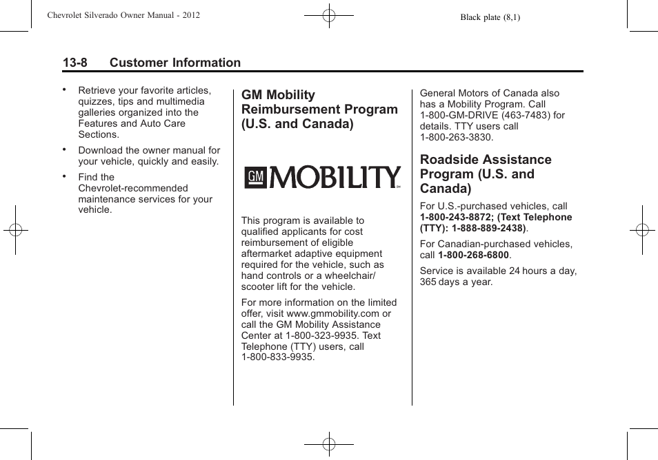 Roadside assistance program (u.s. and canada), Roadside assistance program, Gm mobility reimbursement | Program (u.s. and canada) -8, U.s. and canada) -8, The canadian, 8 customer information | CHEVROLET 2012 Silverado User Manual | Page 570 / 608