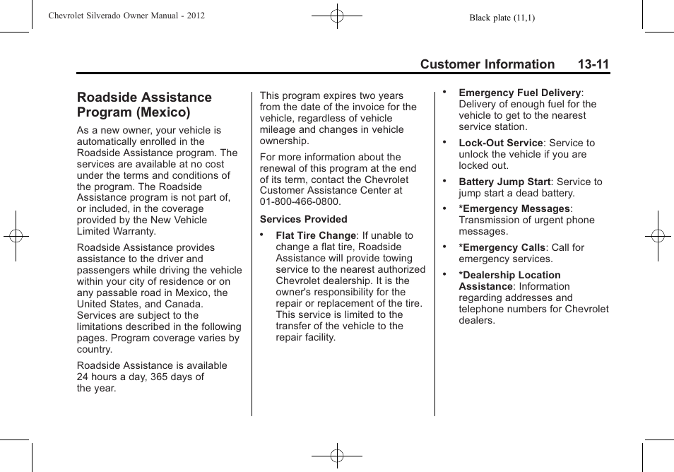 Roadside assistance program (mexico), Roadside assistance, Program (mexico) -11 | Customer information 13-11 | CHEVROLET 2012 Silverado User Manual | Page 573 / 608