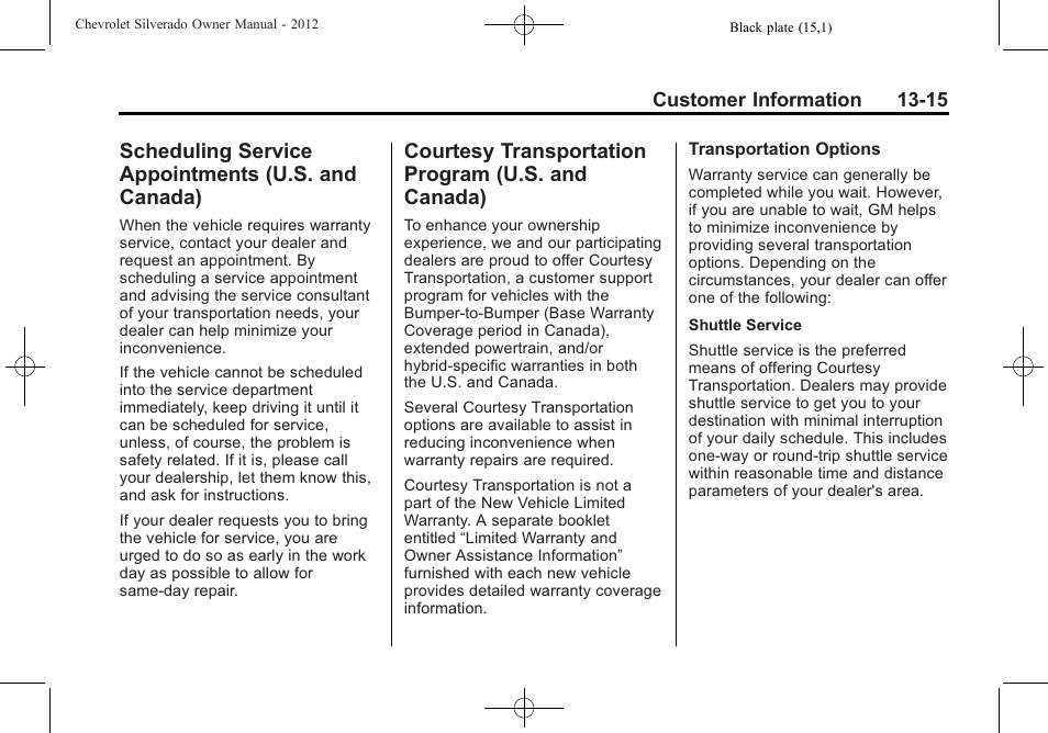 Scheduling service appointments (u.s. and canada), Courtesy transportation program (u.s. and canada), Scheduling service | Appointments (u.s. and canada) -15, Courtesy transportation, U.s. and canada) -15 | CHEVROLET 2012 Silverado User Manual | Page 577 / 608