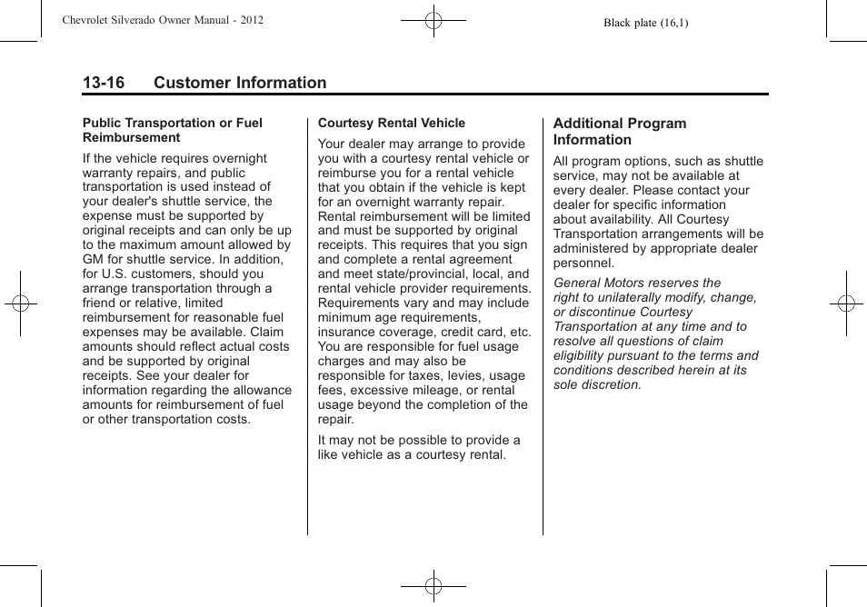 16 customer information | CHEVROLET 2012 Silverado User Manual | Page 578 / 608