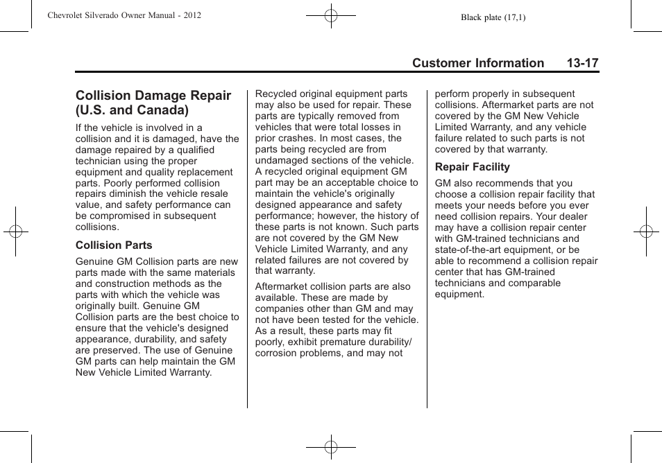 Collision damage repair (u.s. and canada), Repair, U.s. and canada) -17 | Onstar | CHEVROLET 2012 Silverado User Manual | Page 579 / 608