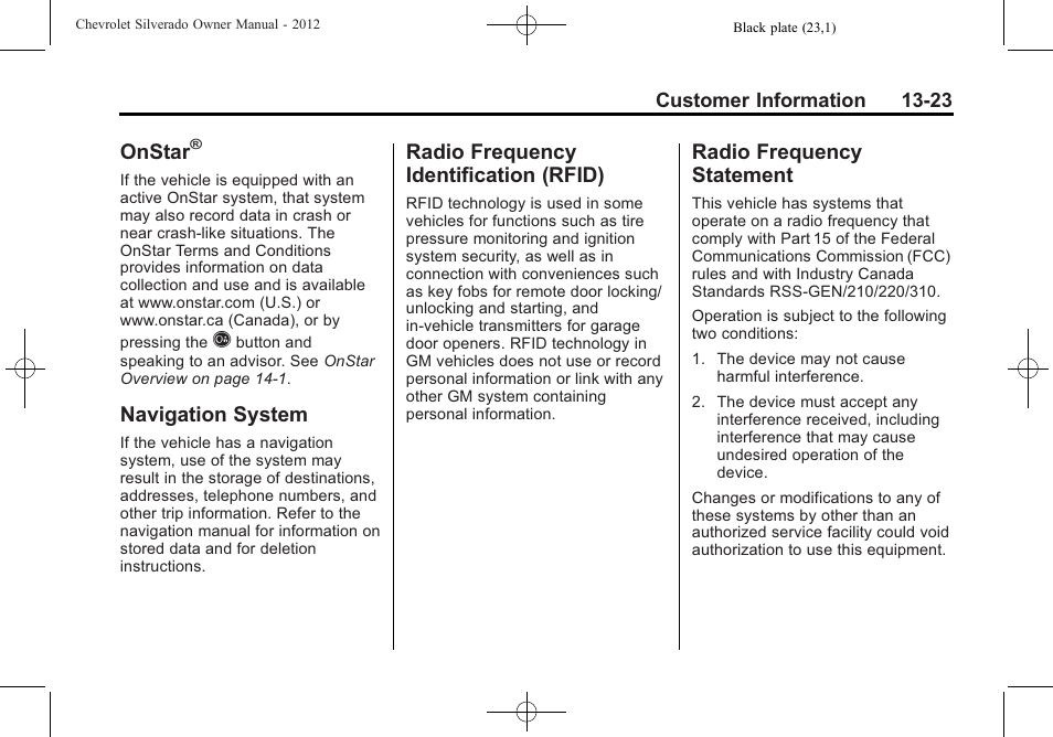 Onstar, Navigation system, Radio frequency identification (rfid) | Radio frequency statement, Navigation system -23, Frequency, Identification (rfid) -23, Radio frequency, Statement -23 | CHEVROLET 2012 Silverado User Manual | Page 585 / 608