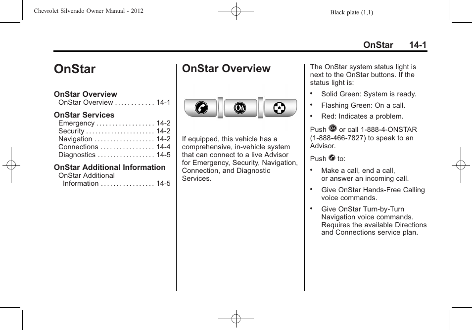 Onstar, Onstar overview, Onstar overview -1 | Onstar 14-1 | CHEVROLET 2012 Silverado User Manual | Page 587 / 608