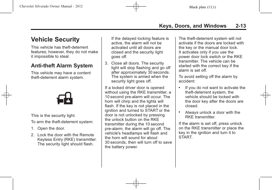 Vehicle security, Anti-theft alarm system, Vehicle security -13 | Vehicle security -13 anti-theft alarm system -13, Keys, doors, and windows 2-13 | CHEVROLET 2012 Silverado User Manual | Page 59 / 608