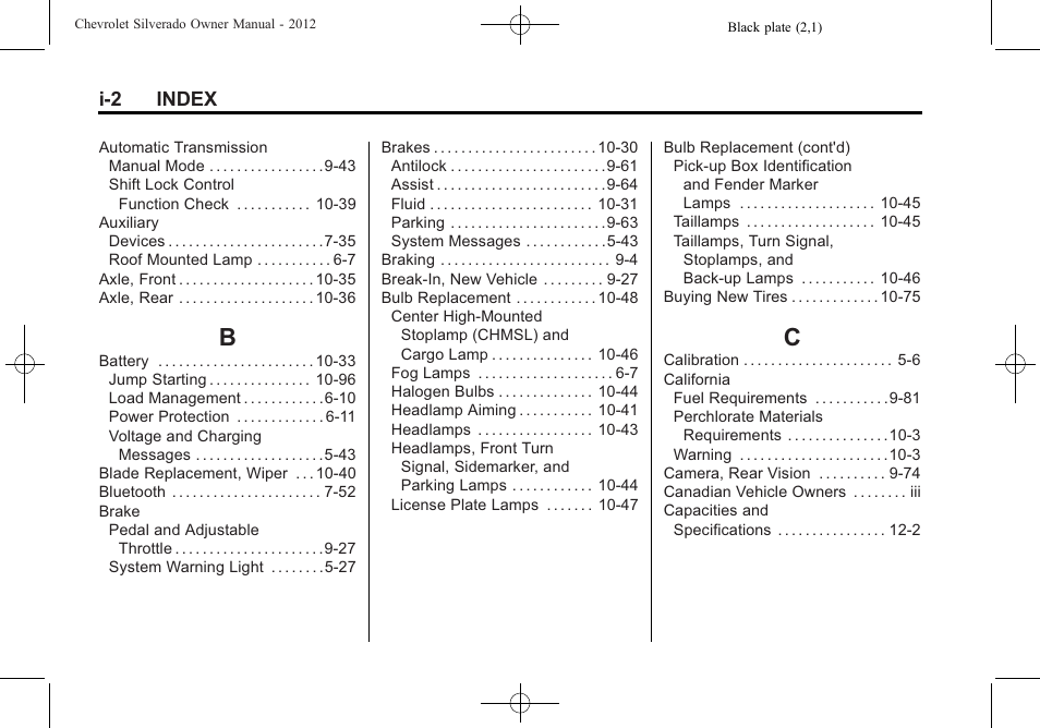 Index_b, Index_c, I-2 index | CHEVROLET 2012 Silverado User Manual | Page 596 / 608