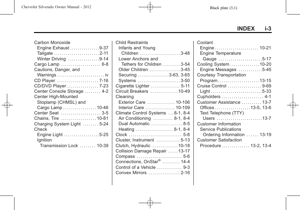 Index i-3 | CHEVROLET 2012 Silverado User Manual | Page 597 / 608