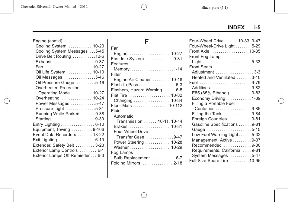 Index_f, Index i-5 | CHEVROLET 2012 Silverado User Manual | Page 599 / 608