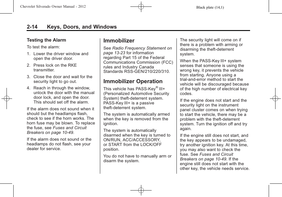 Immobilizer, Immobilizer operation, Immobilizer -14 immobilizer operation -14 | 14 keys, doors, and windows | CHEVROLET 2012 Silverado User Manual | Page 60 / 608