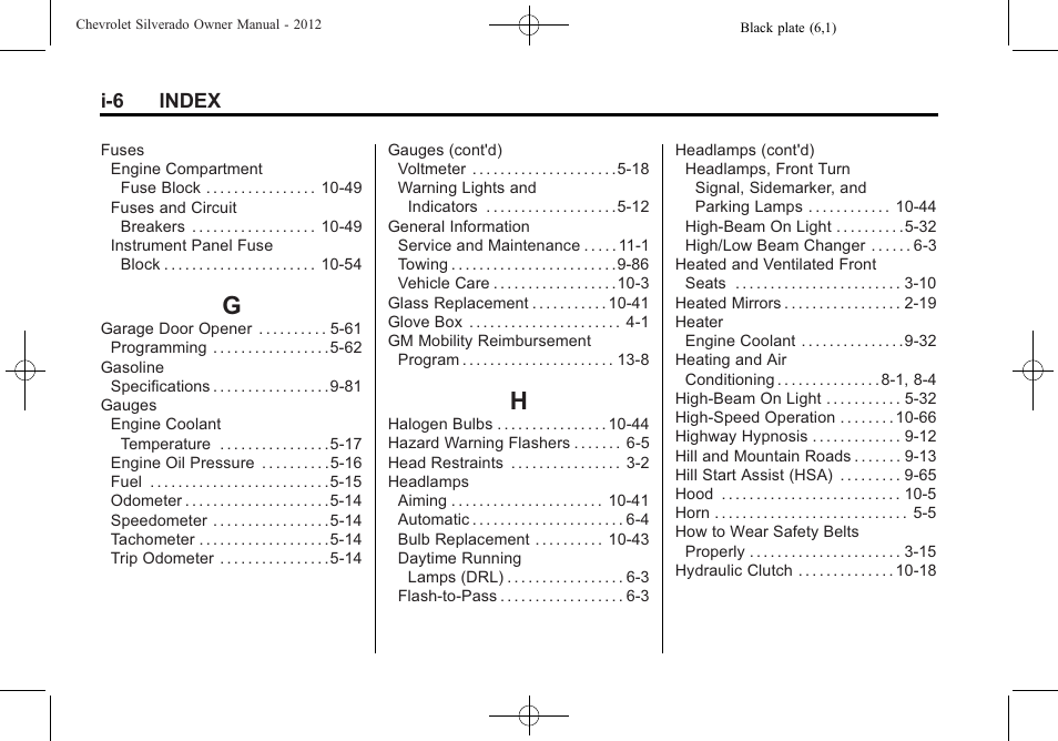 Index_g, Index_h, I-6 index | CHEVROLET 2012 Silverado User Manual | Page 600 / 608