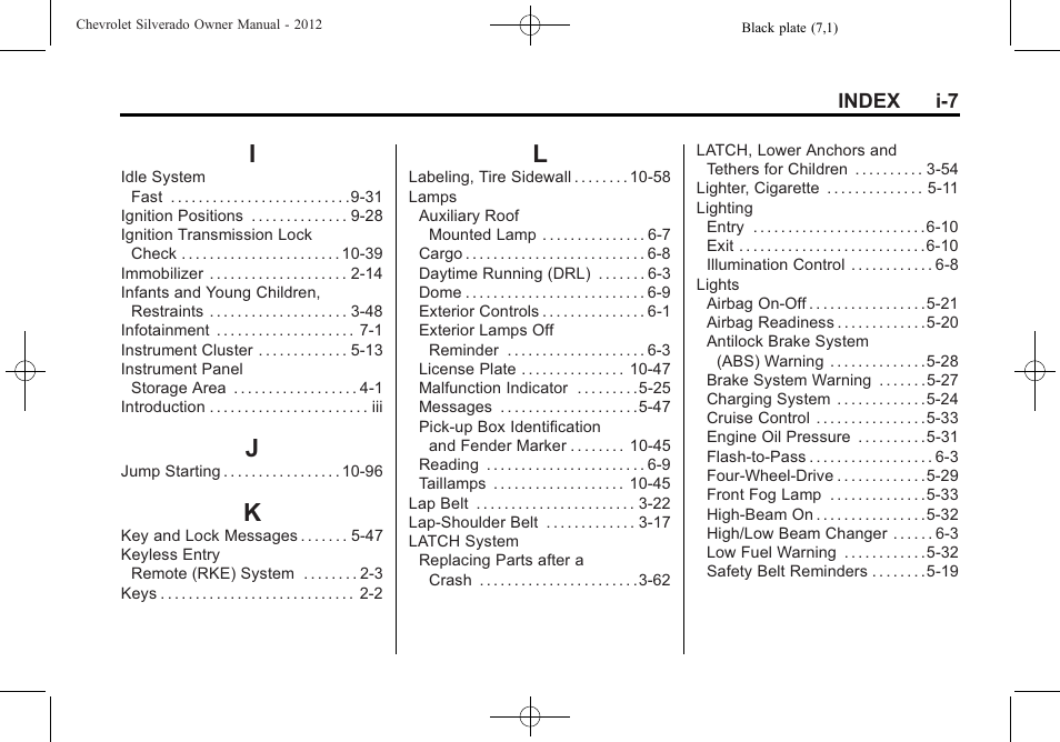 Index_i, Index_j, Index_k | Index_l | CHEVROLET 2012 Silverado User Manual | Page 601 / 608