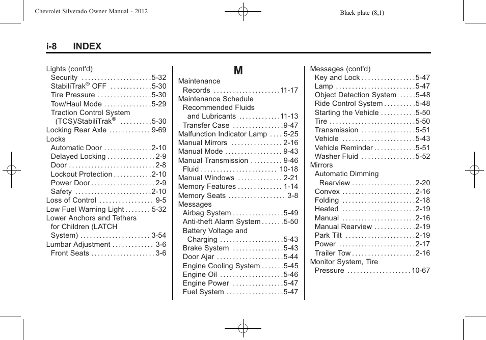 Index_m, I-8 index | CHEVROLET 2012 Silverado User Manual | Page 602 / 608