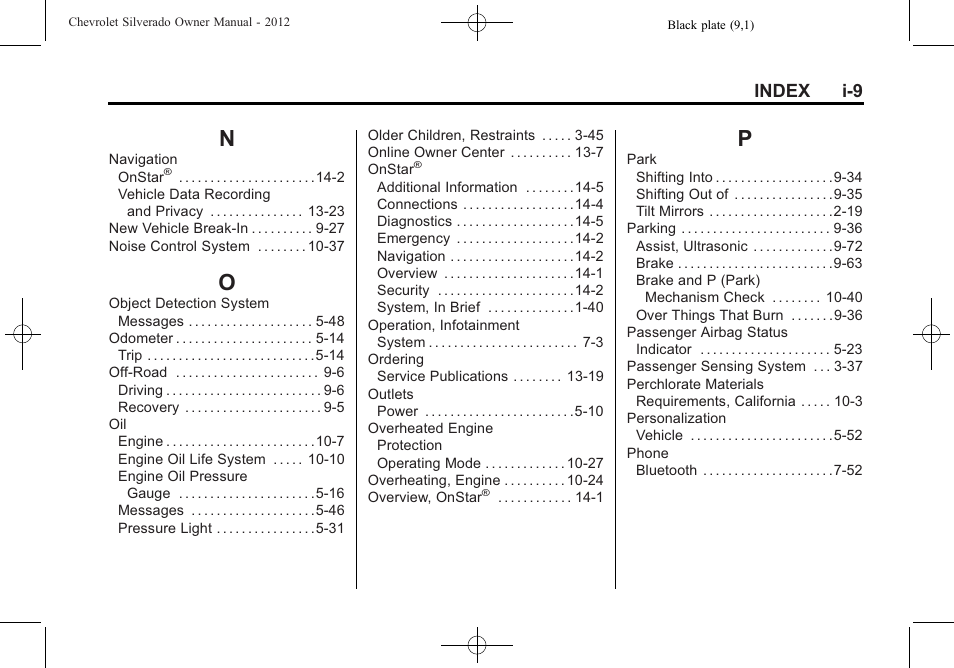 Index_n, Index_o, Index_p | Index i-9 | CHEVROLET 2012 Silverado User Manual | Page 603 / 608