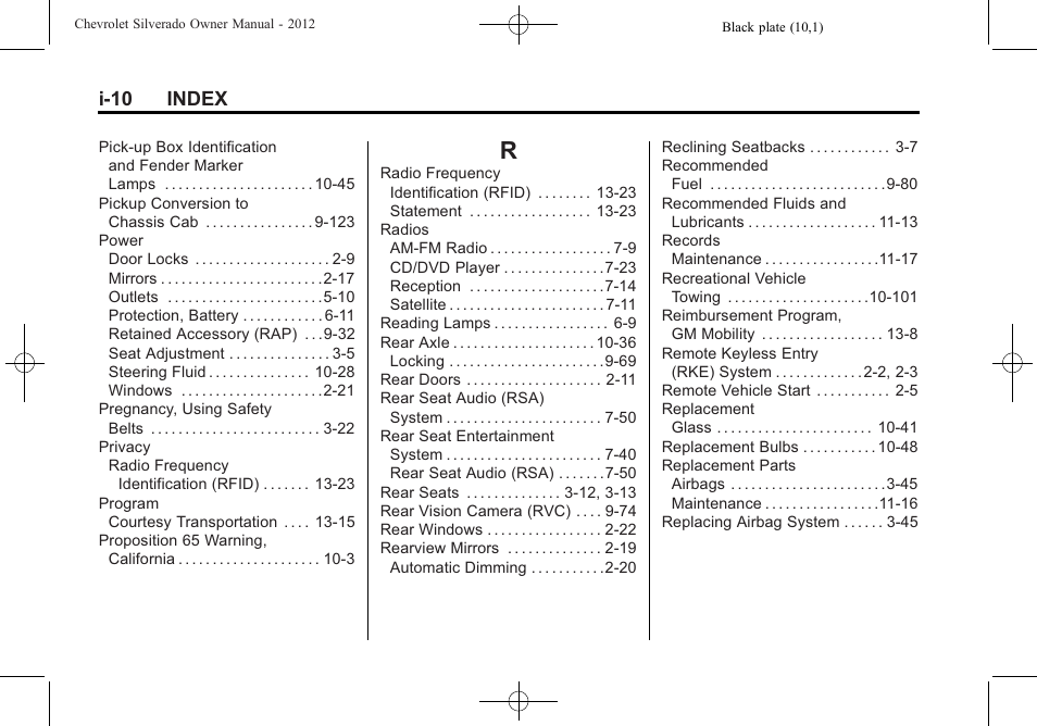 Index_r, I-10 index | CHEVROLET 2012 Silverado User Manual | Page 604 / 608
